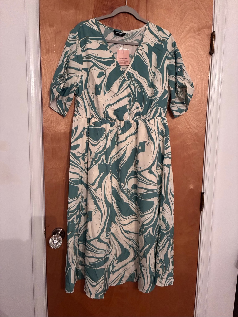 BloomChic Teal and Cream Marble-Print Midi Dress